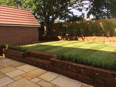 a large yard with grass and brick walls