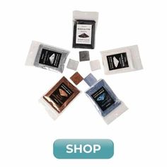 several different types of chocolates in bags on a white background with the words shop