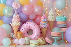 an assortment of ice cream, donuts and balloons