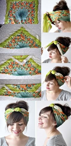 Comb your hair back to a messy bun or any   up-do you'd like 2) Take a large square scarf & fold one corner to the other   forming a triangle 3) Fold the tip of the triangle down to about the middle   & then fold over again (Do not fold all the way to the edge) 4) Put the   scarf around your head with the ends in the front (Make sure the folded side is   against your head so it's not showing) 5) Ti... Skirt Diy, Head Scarfs, Pretty Designs, Hair Stuff, Hair Dos, Scarf Hairstyles, Cute Hair, Hair Day