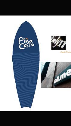 a surfboard is shown with the company's logo and other items around it