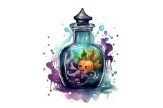 a glass bottle with an image of a pumpkin in it on a watercolor background