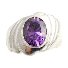 Freeform sterling silver ring set with an oval purple cubic zirconia in the center of the fan-motif mount. Size: 7; can be sized. Silver Pendant Lamp, Modern Gold Jewelry, Silver Ring Designs, Sterling Silver Rings Set, Sterling Silver Cross Pendant, Silver Ring Set, Platinum Jewelry, Gold Jewelry Indian, Silver Engagement Rings