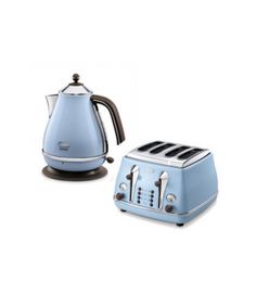 a blue toaster and kettle sitting next to each other