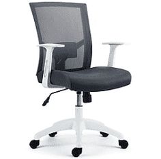 an office chair with white frame and black fabric upholstered seat, viewed from the front