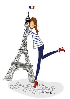 a drawing of a woman standing in front of the eiffel tower with her legs crossed