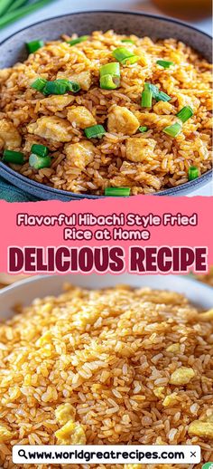 rice with green onions in a bowl and the words delicious rice recipe above it on top