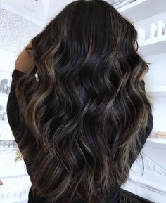 Black Hair with Dark Caramel Highlights Dark Hair With Peek A Boo Highlights, Dark Brown Hair With Ashy Babylights, Dark Brown Hair With Highlights And Lowlights Caramel, Almost Black Hair, Dark Hair With Lowlights, Highlights Red, Dark Black Hair, Long Hair Highlights, Black Hair Balayage