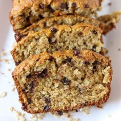 slices of banana chocolate chip bread on a white plate