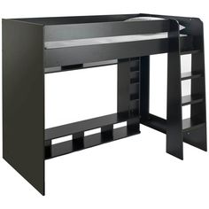 a black loft bed with shelves underneath it