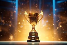 a golden trophy on top of a table in front of a stage with spotlights