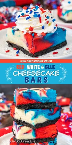 red, white and blue cheesecake bars are stacked on top of each other