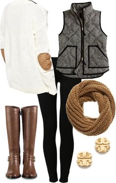 Stitch fix stylist: i love everything about this outfit - and i already have the perfect boots! love the vest, love the elbow patch sweater, love the scarf! Herringbone Vest, Dress Sweater, Mode Style, Fall Winter Outfits, Mode Outfits, Denim Vest, Moda Casual, Look Fashion