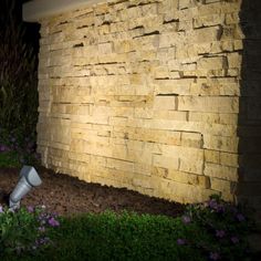 a light shines on the side of a stone wall in front of purple flowers