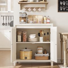 the shelves are filled with kitchen items and dishes