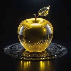 an apple that is sitting on top of a glass plate