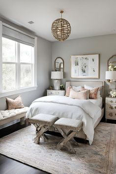 a white bed sitting under a window next to a chair and ottoman on top of a rug