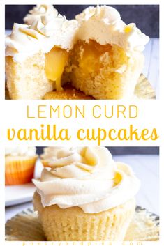 lemon cupcakes with vanilla frosting on top and the bottom half cut in half