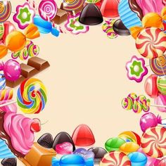 a frame made up of many different types of candies and lollipops