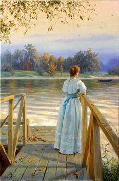 a painting of a woman standing on a bridge looking out at the water and trees