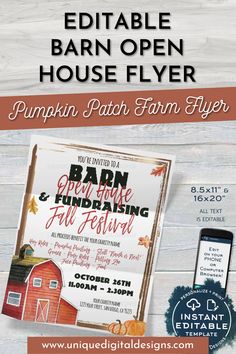 the barn flyer for pumpkin patch farm flyers is displayed on a wooden background with text