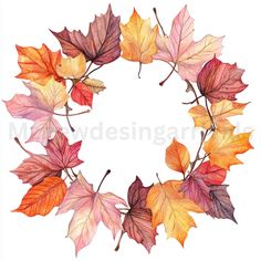 watercolor painting of autumn leaves arranged in a circle