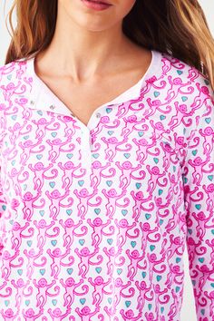 Sweet dreams are guaranteed when you drift off in our fan-fave Women's PJs. The long-sleeved top and slim-fitting pants are made for relaxation, and the cheeky pink monkey print only adds to their charm. 4 Snap Henley Mid-Rise Elastic Waistband Super-Smooth Flatlock Seams Materials and Care 100% Pima Cotton Machine Wash Cold, With Like Colors Do Not Bleach, Tumble Dry Low (Line Dry Recommended) Imported Measurement Information Model Wears Size Small Size S Top Length: 27" (from Shoulder) Size S Sleeve Length: 23.25" (from Shoulder) Size S Inseam: 31" Size S Front Rise: 10.75" Roller Rabbit Pajamas Long Sleeve, Monkey Pajamas, Pink Monkey, Pajamas Long Sleeve, Sleepover Bag, Pink Monkeys, Womens Dress Tops, Womens Pjs, Cute Pjs