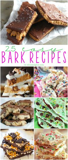 many different types of cookies and desserts are shown with the words bark recipes on them