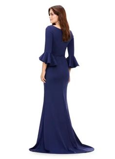 Ashley Lauren 11325 Crew Neck Three Quarter Flutter Sleeves Ruched Skirt Fitted Gown. This timeless and elegent evening gown features flutter three quarter sleeves. The skirt is adorned with ruching and finished with a sweep train. Sizes: 0,2,4,6,8,10,12,14,16,18,20,22,24 Colors: Dark Emerald, Black, Burgundy, Navy Scoop Neckline Three Quarter Length Sleeves Ruched Skirt Sweep Train Fitted 3/4 Sleeve Gala Gown, Luxury Women's 3/4 Sleeve Gown, Luxury Fitted Gown With 3/4 Sleeves, Luxury Mother Of The Bride Dress With 3/4 Sleeves, Blue 3/4 Sleeve Dress For Mother Of The Bride, Ashley Lauren, Fitted Gown, Fitted Gowns, Ruched Skirt