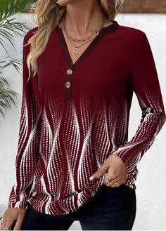 Color:Deep Red;Size:S;Size:M;Size:L;Size:XL;Size:XXL;Package Contents:1 X T Shirt;Occasion:Other;Style:Casual; Trendy Tops For Women, Trendy Fashion Tops, Red Ombre, Weekend Style, Red Button, Red Lace, Henley Shirts, Trendy Tops, Lace Tops