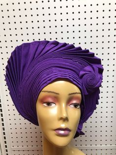 Purple pleated Auto Gele, ready to wear Gele hat for formal occasions.  No need to tie, comes with adjustable ties at the back.  One size fits most. Adjustable Elegant Turban, Elegant Adjustable Turban, Elegant Fitted Bonnet Cap, Adjustable Bonnet For Church, African Hat, African Hats, Cloche Hats, Sticker Removal, Hot Iron