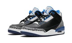 Seeming to combine the original "Bred" and "True Blue" colorways of the Air Jordan 3, this 2014 "Sport Blue" release combines the best of both worlds.  Featuring the same color block as the Breds, but with blue replacing the red accents.  For an added special touch, the outsole comes in translucent blue. Jordan 3 Black, Blue Jordans, Jordan Model, Jordan 3 Retro, Black Cement, Retro Sport, Air Jordan 12 Retro, Popular Sneakers, Air Jordan 3 Retro