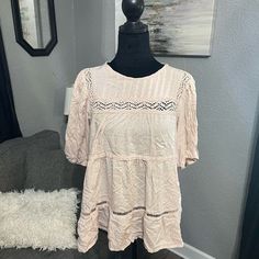 New With Tags Attached, Have 2 Of These Size Small! 100% Rayon! Casual Neutral Blouse For Brunch, Feminine Neutral Blouse For Day Out, Beige Short Sleeve Blouse For Brunch, Spring Feminine Neutral Blouse, Feminine Neutral Blouse For Spring, Feminine Beige Tops For Day Out, Neutral Short Sleeve Blouse For Day Out, Long Sleeve Ruffle Top, White Embroidered Blouse