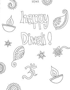 happy diwali coloring page with the words and symbols in black ink on a white background