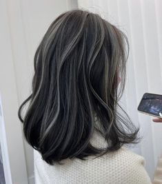 Short Hairstyle From The Back, White Highlights With Black Hair, Korean Black Hair With Highlights, Straight Coloured Hair, Hair Colour Ideas Korean, Korean Hair Color Highlight, Hair Color Streaks For Black Hair, Hair Colored Streaks, Korean Highlights Hair