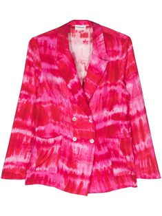 hot pink/red silk tie-dye pattern notched lapels double-breasted button fastening long sleeves two front patch pockets straight hem Pink Double-breasted Blazer With Lapel Collar, Pink Double-breasted Long Sleeve Blazer, Summer Double-breasted Long Sleeve Blazer, Tailored Pink Summer Blazer, Pink Tailored Blazer For Summer, Summer Pink Long Sleeve Blazer, Blazer Pink, Yoko London, City Dress