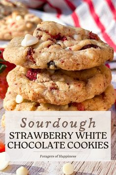 strawberry white chocolate cookies stacked on top of each other