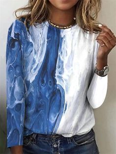 Blue Casual Round Neck Printed Long Sleeve Blouse Blue Long Sleeve Winter Blouse, Trendy Blue Long Sleeve Blouse, Trendy Long Sleeve Blue Blouse, Casual Blue Winter Blouse, Casual Blue Blouse For Winter, Blue Tops For Fall, Blue Long Sleeve Blouse For Fall, Long Sleeve Blue Blouse For Fall, Trendy Blue Blouse For Fall