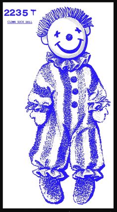 a blue and white drawing of a boy in a clown suit with a smile on his face