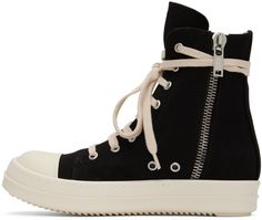 High-top denim sneakers in black featuring graphic topstitching at outer side. · Round buffed leather toe cap · Lace-up closure · Eyelet vents at inner side · Zip closure at inner side · Treaded rubber sole Supplier color: Black/Milk/Milk Black High-top Sneakers With Spikes For Streetwear, Rick Owens Platform Sneakers, Rick Owens Chunky Laces, Rick Owens Converse, Rick Owens High Top Sneakers, Denim Sneakers, Rick Owens Drkshdw, Black Milk, New York Street