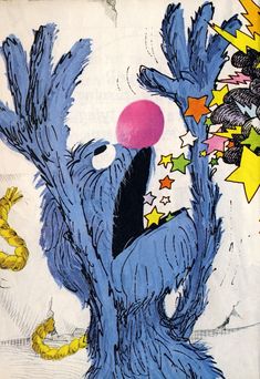 an illustration of a blue bird with stars on it's head and one hand holding a pink ball in its mouth