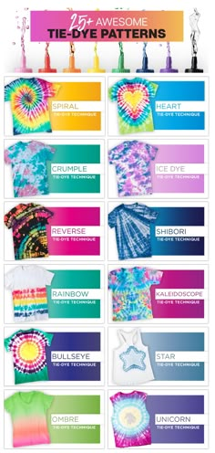 tie - dyed t - shirts are displayed in different colors and sizes, with the words tie