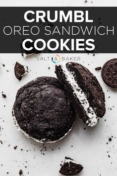 an oreo sandwich is cut in half with the words crumbl oreo sandwich cookies above it