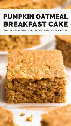 pumpkin oatmeal breakfast cake is cut into squares and stacked on top of each other