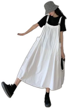 Cotton Sundress Suspender Dress, Cotton Suspender Sundress, White Sleeveless Cotton Suspender Dress, Sleeveless Cotton Suspender Dress With Pockets, Black Cotton Pinafore Dress For Spring, White Sleeveless Cotton Pinafore Dress, Black Cotton Pinafore Dress For Summer, Casual White Midi Suspender Dress, Black Sleeveless Pinafore Dress For Spring