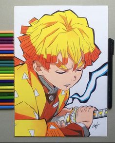 a drawing of an anime character with colored pencils