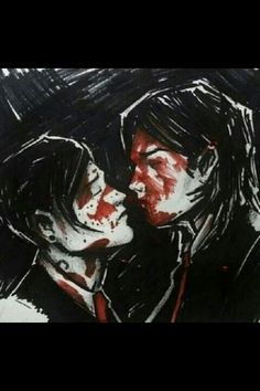 two people with blood on their faces are kissing in front of a black and white background