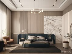 a modern bedroom with marble walls and flooring