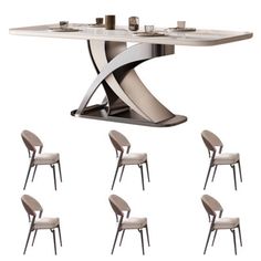 a dining table with six chairs around it and an extension to the table for eight