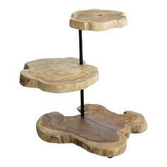 three tiered wooden stand with black metal legs and wood slices on the top, against a white background